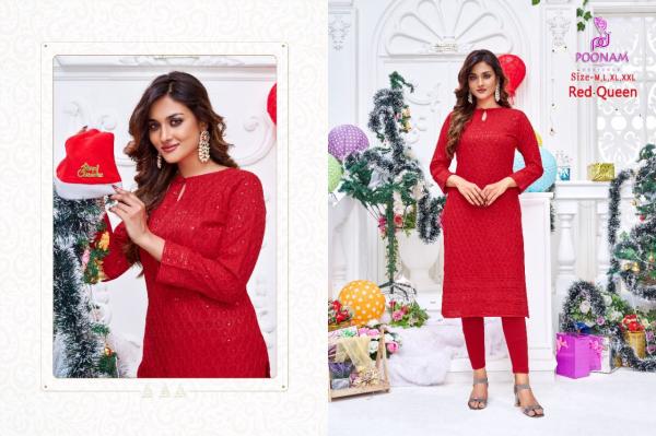 Poonam Red Queen Casual Wear Chikan Work Kurtis